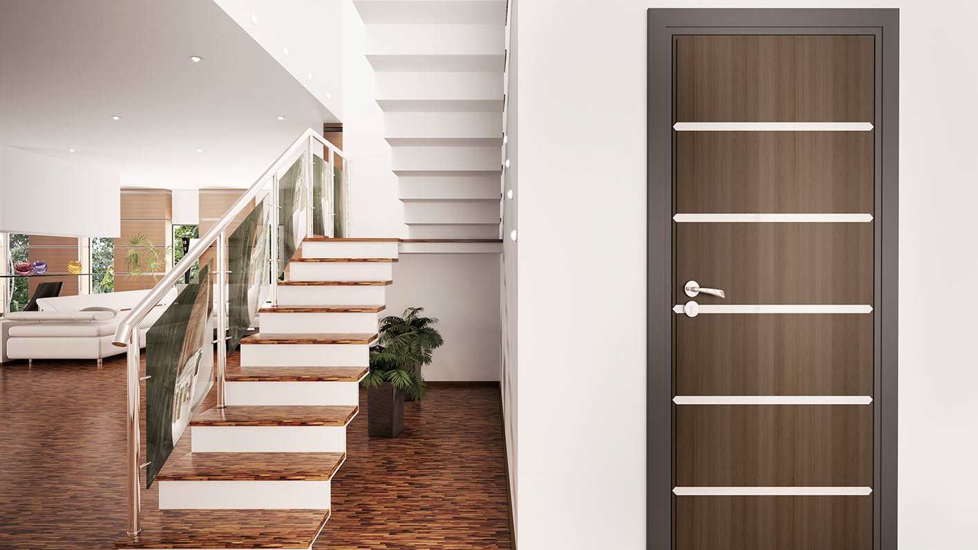 Innentüren in braun Holzoptik in München Innentür Holzbraun mit Streifen und Treppe